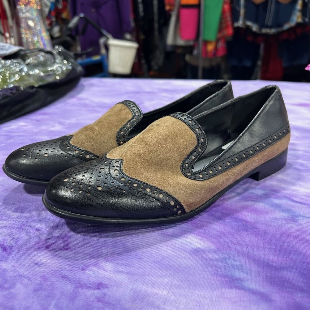 Franco Sarto Tweed SlipOn Loafer Women Sz 8M Leather Black Brown Bookcore Preppy